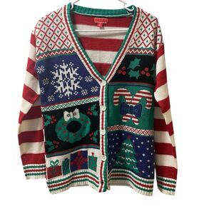 Ugly Christmas Sweater Cardigan Womens Small Holiday Button Up Party Grandmacore